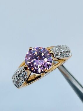 Swarovski Crystal Elements Pink Diamond Like Round Ring Cut Gold Sz 8 Statement